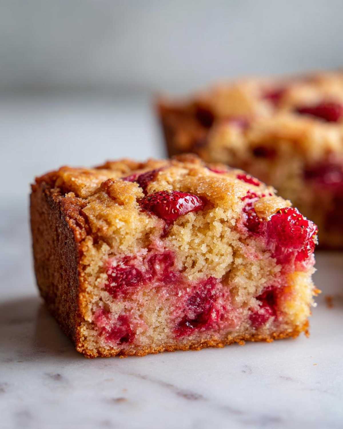 A close-up view of a square slice of Brown Butter Strawberry Blondies showing the dense, moist cake texture filled with bright red strawberries.