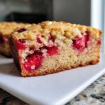 A thick slice of Brown Butter Strawberry Blondies showing moist cake texture and bright red strawberries baked inside.