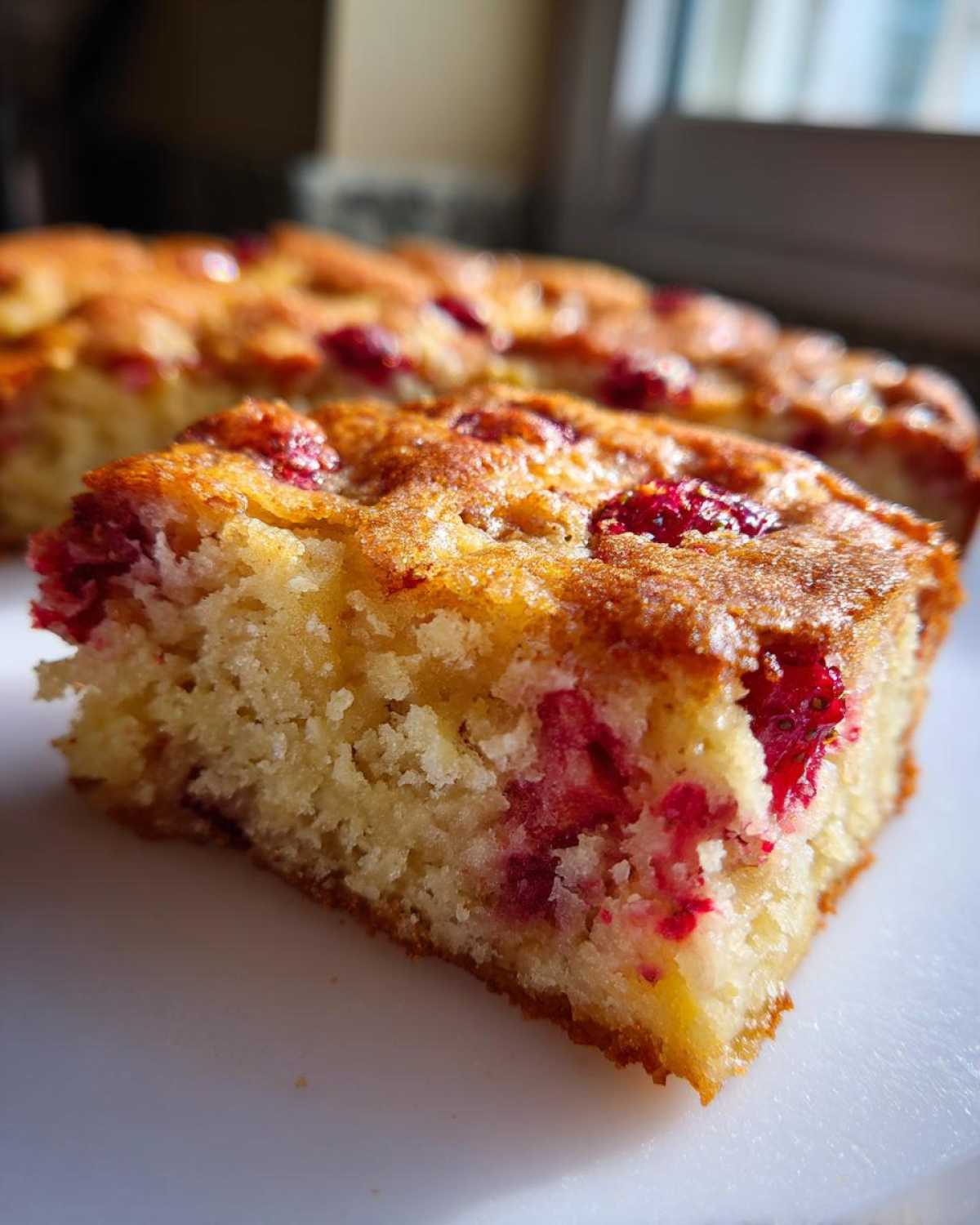 A close-up view of a moist, square slice of Brown Butter Strawberry Blondies showing the golden crust and bright pink strawberry pieces throughout the batter.