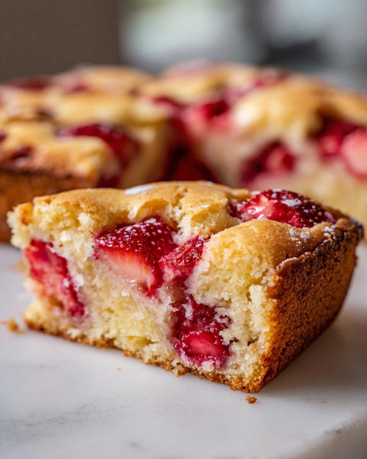 Close-up of a moist slice of Brown Butter Strawberry Blondies loaded with bright red strawberries.