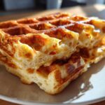 Close-up of a stack of fluffy Brown Sugar Banana Waffles, golden brown and slightly glistening with syrup.