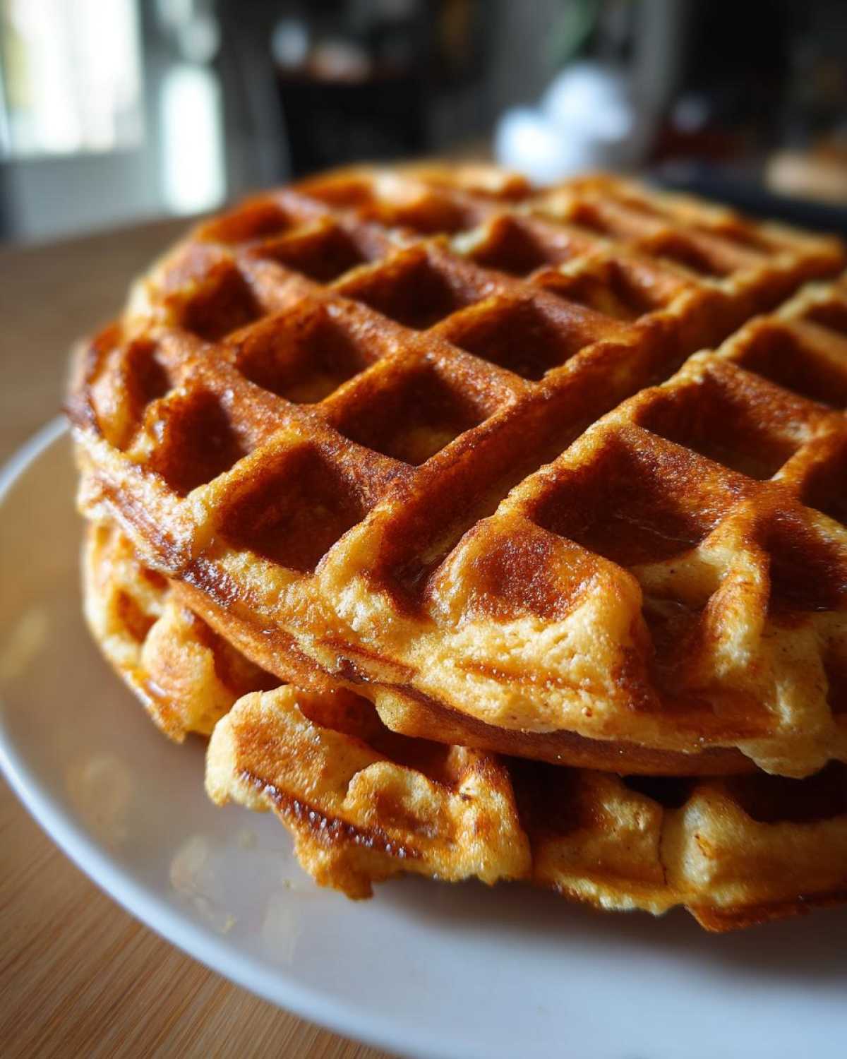 Close-up of a stack of golden brown Brown Sugar Banana Waffles on a white plate.