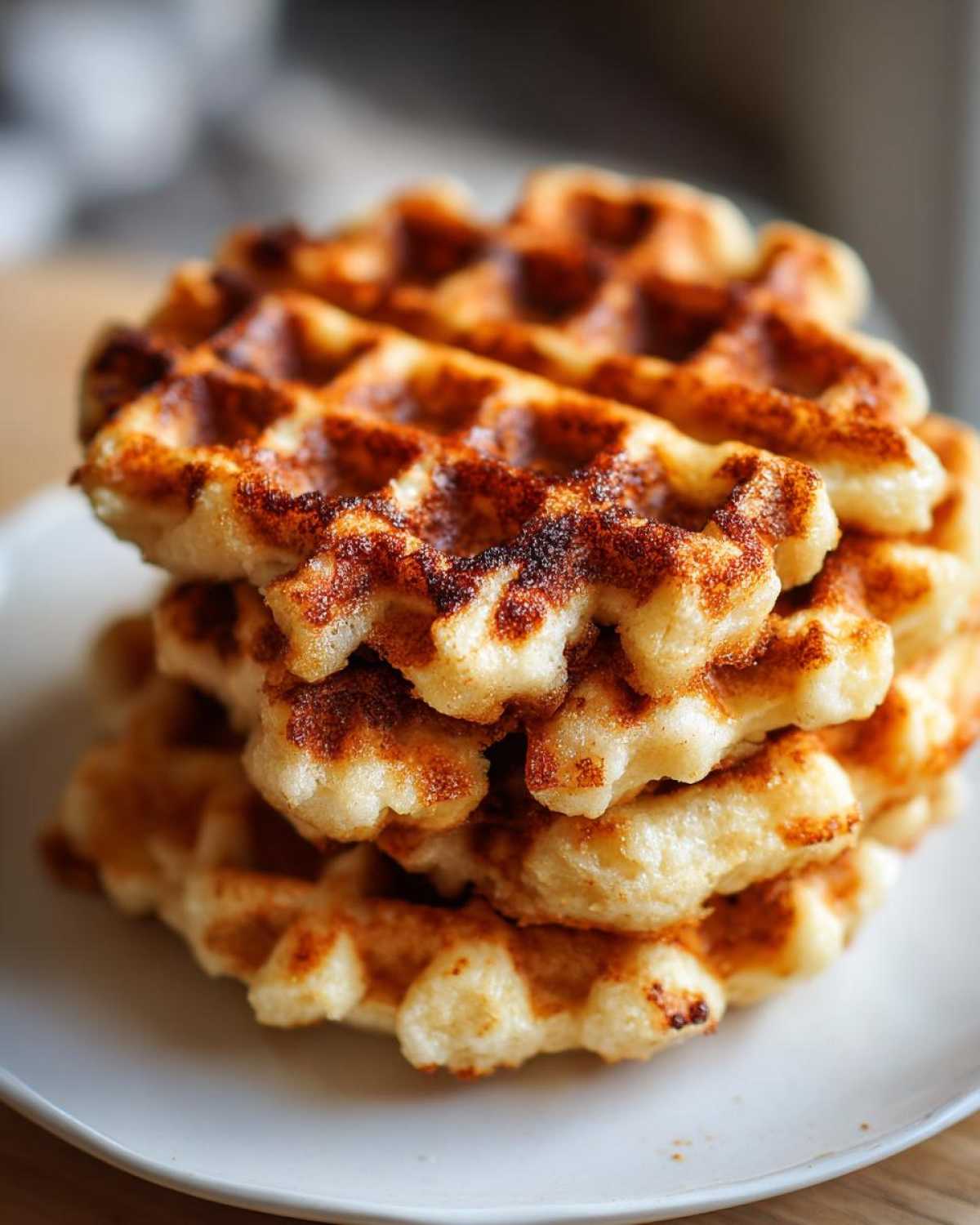 A close-up stack of four golden, caramelized Brown Sugar Banana Waffles on a white plate.