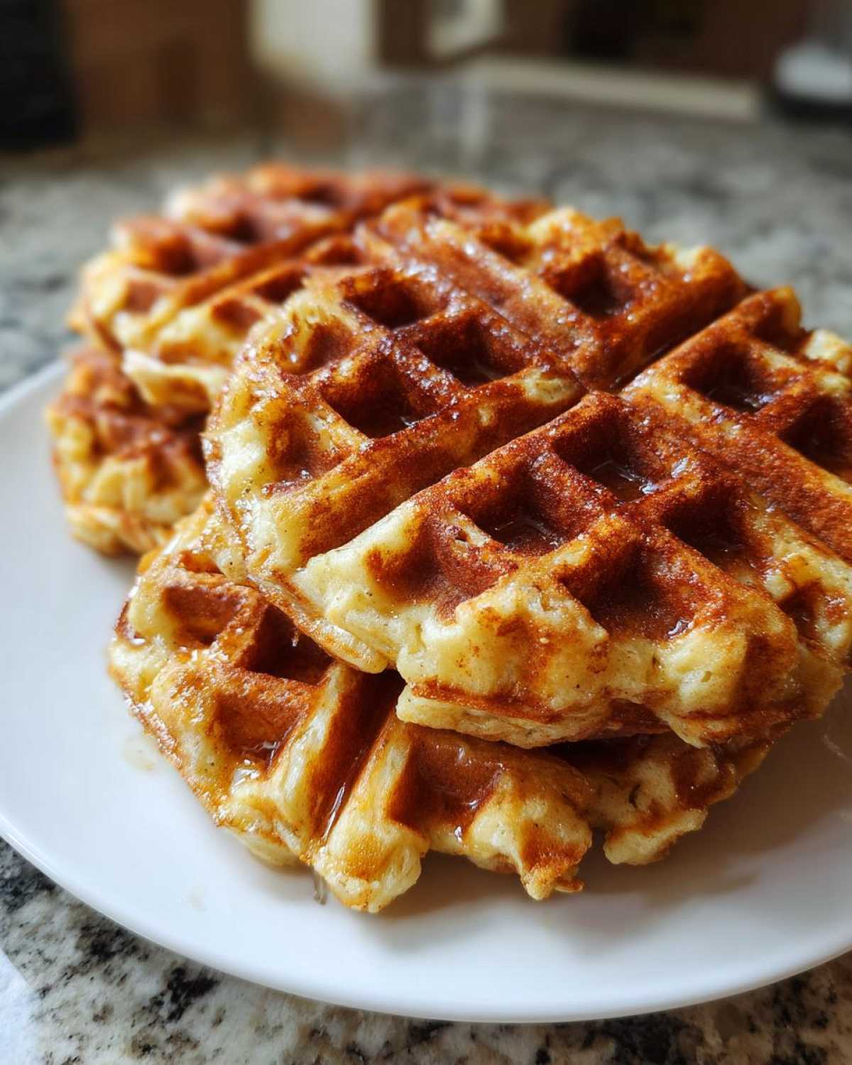 A stack of golden brown Brown Sugar Banana Waffles drizzled with syrup on a white plate.