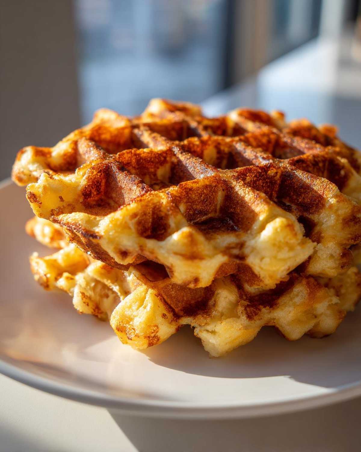 A close-up stack of golden brown, crispy Brown Sugar Banana Waffles on a white plate.