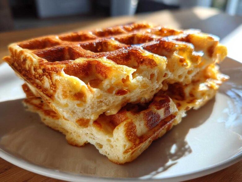 Close-up of a stack of fluffy Brown Sugar Banana Waffles, golden brown and slightly glistening with syrup.