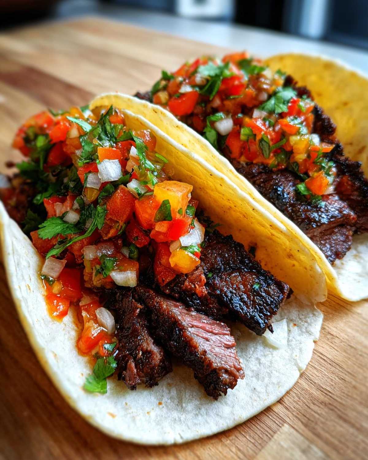 Two delicious Carne Asada Street Tacos filled with grilled, sliced steak and topped with fresh pico de gallo salsa.