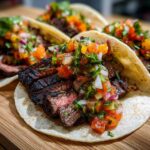 Close-up of grilled, sliced Carne Asada Street Tacos topped with fresh pico de gallo salsa on corn tortillas.
