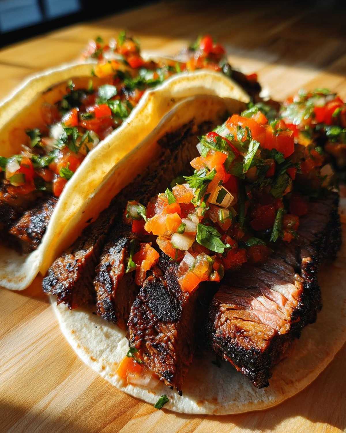 Close-up of two Carne Asada Street Tacos filled with grilled, sliced steak and topped with fresh pico de gallo salsa.