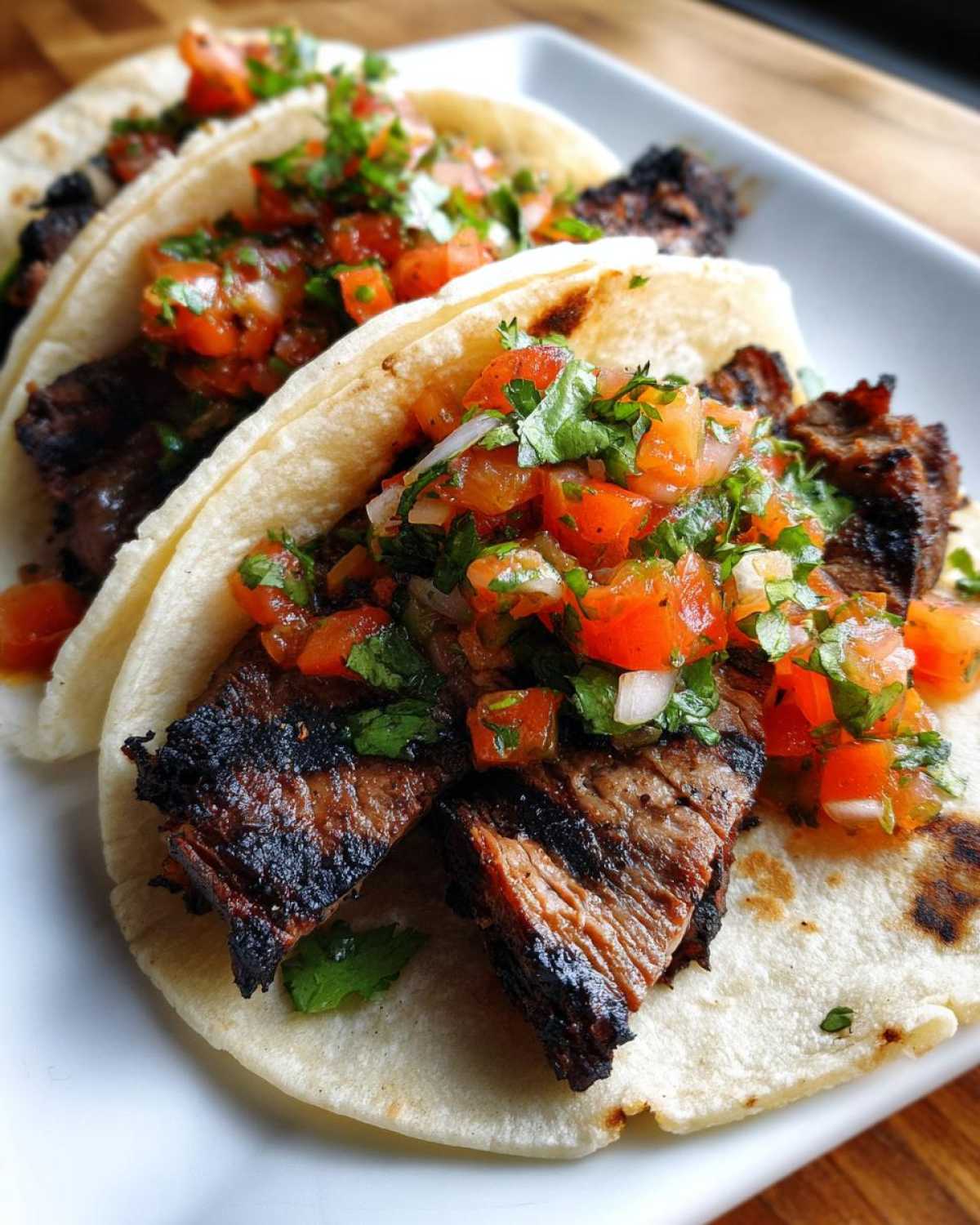 Close-up of three delicious Carne Asada Street Tacos topped with fresh pico de gallo salsa.