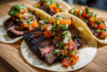 Close-up of grilled, sliced Carne Asada Street Tacos topped with fresh pico de gallo salsa on corn tortillas.