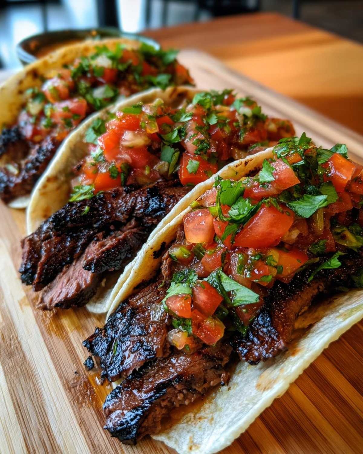 Three delicious Carne Asada Street Tacos filled with grilled steak and topped with fresh pico de gallo salsa.