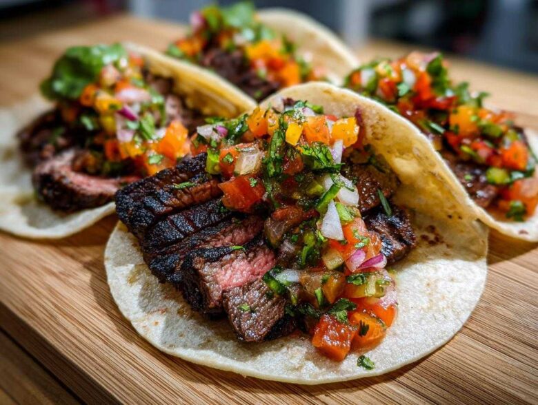 Close-up of grilled, sliced Carne Asada Street Tacos topped with fresh pico de gallo salsa on corn tortillas.