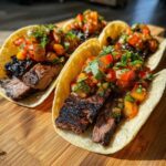Three delicious Carne Asada Street Tacos filled with grilled steak and topped generously with fresh lime salsa.
