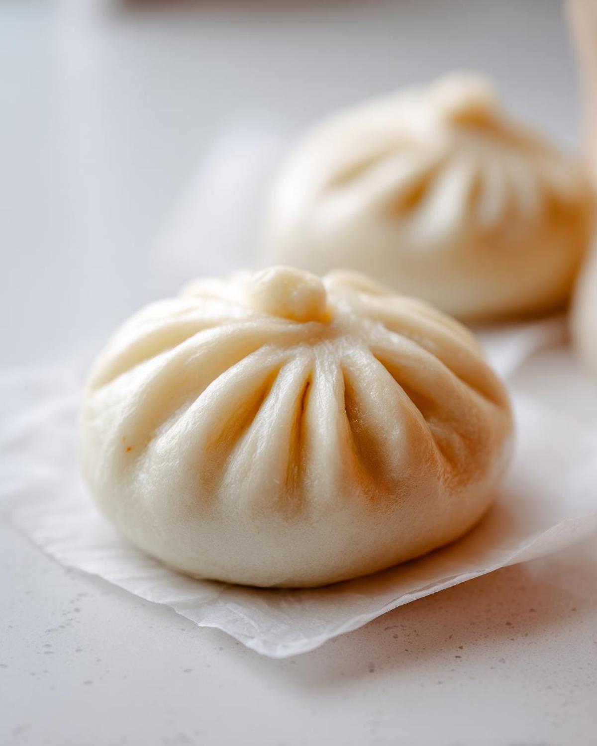 A close-up of a freshly steamed Char Siu Mushroom Bao resting on white parchment paper.