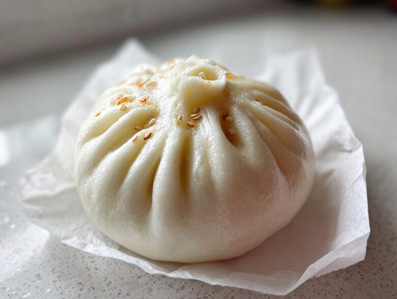 Close-up of a single, fluffy, white Char Siu Mushroom Bao sprinkled with toasted sesame seeds.