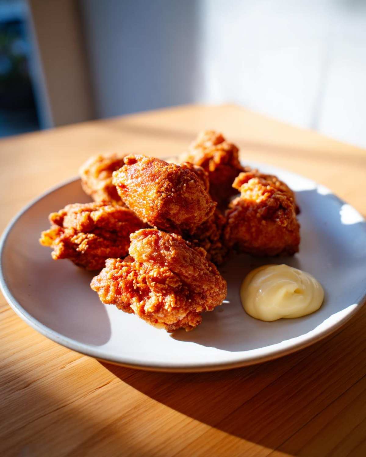 A plate of golden brown, crispy Chicken Karaage served with a dollop of creamy Lemon Mayo.
