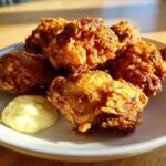 Five pieces of golden, crispy Chicken Karaage served on a white plate next to a dollop of Lemon Mayo.