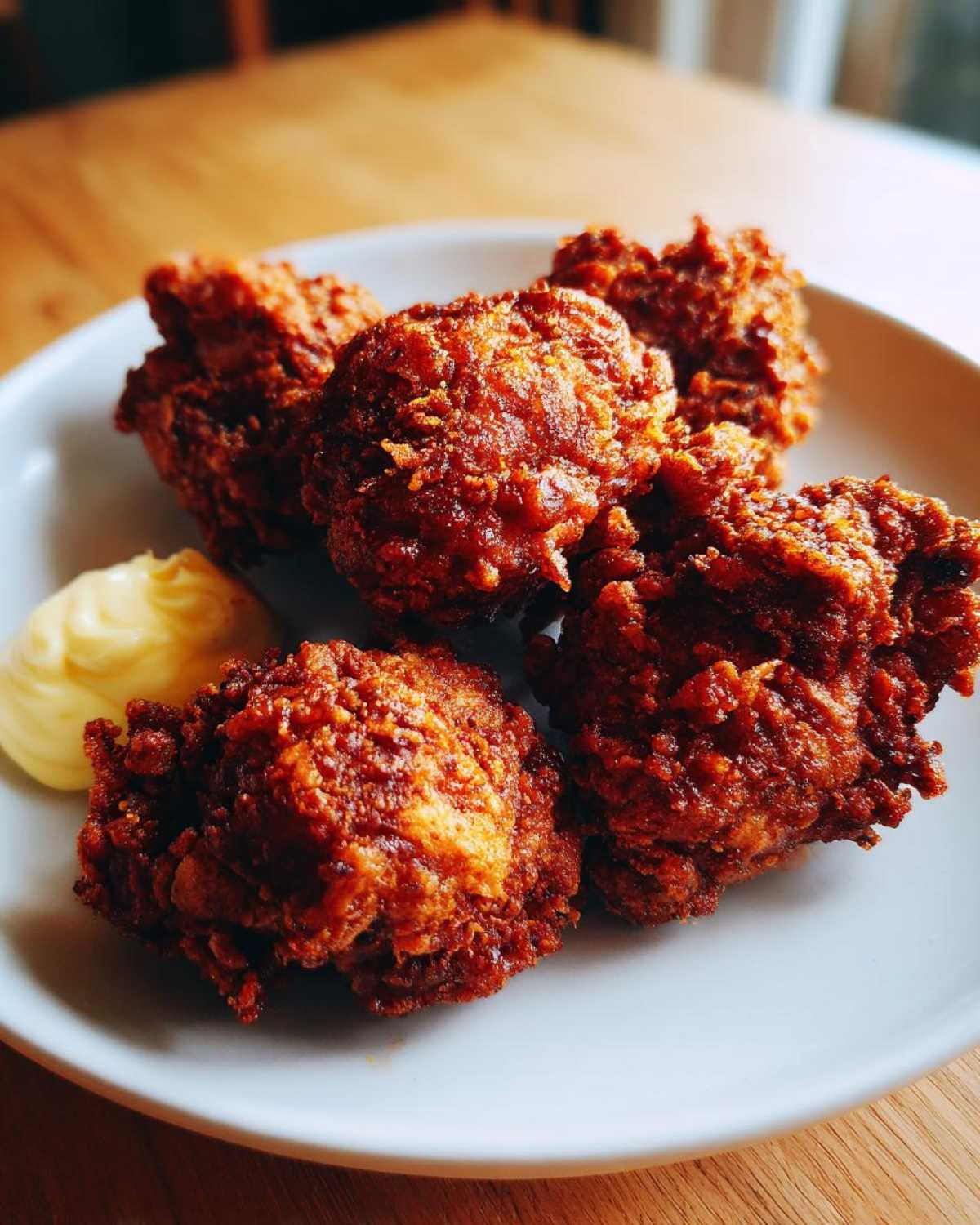 Four pieces of dark, crispy Chicken Karaage served on a white plate next to a swirl of lemon mayo.