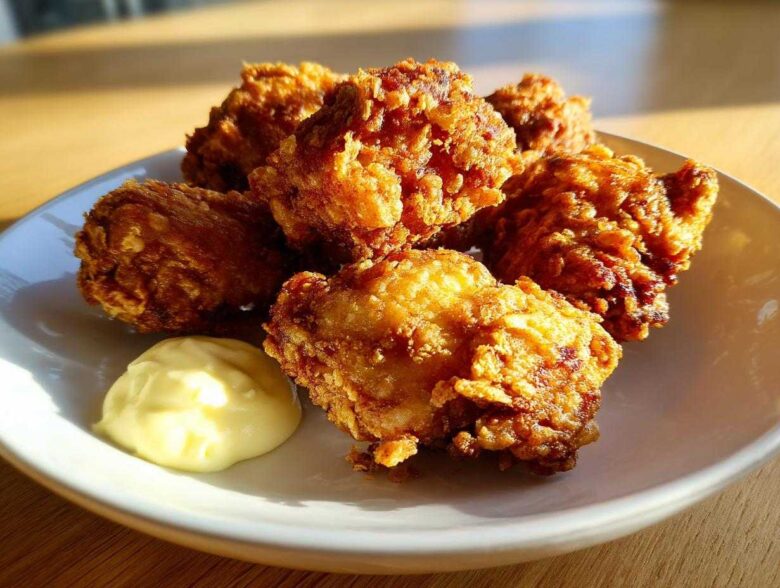 Five pieces of golden, crispy Chicken Karaage served on a white plate next to a dollop of Lemon Mayo.