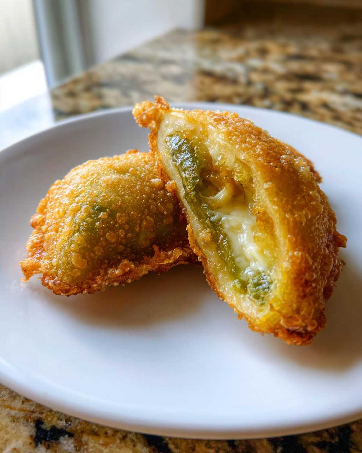Close-up of two golden, battered, and fried Chiles Rellenos Stuffed Poblanos cut open revealing melted cheese.