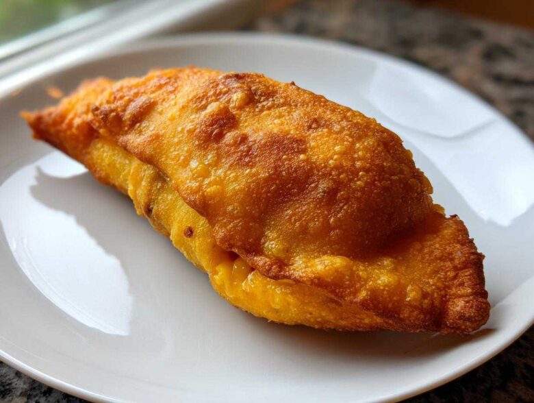 A single, golden-brown, battered and fried Chiles Rellenos Stuffed Poblanos resting on a white plate.