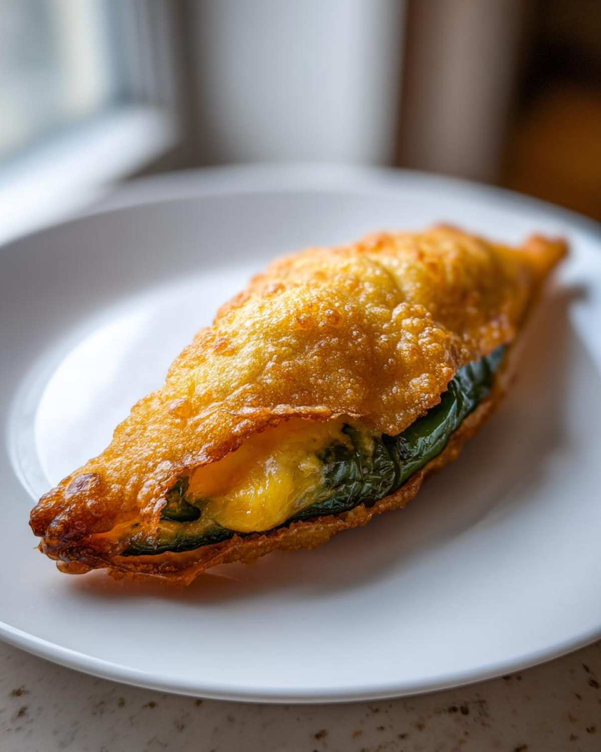 A close-up of one golden-fried Chiles Rellenos Stuffed Poblanos, showing melted cheese oozing out.