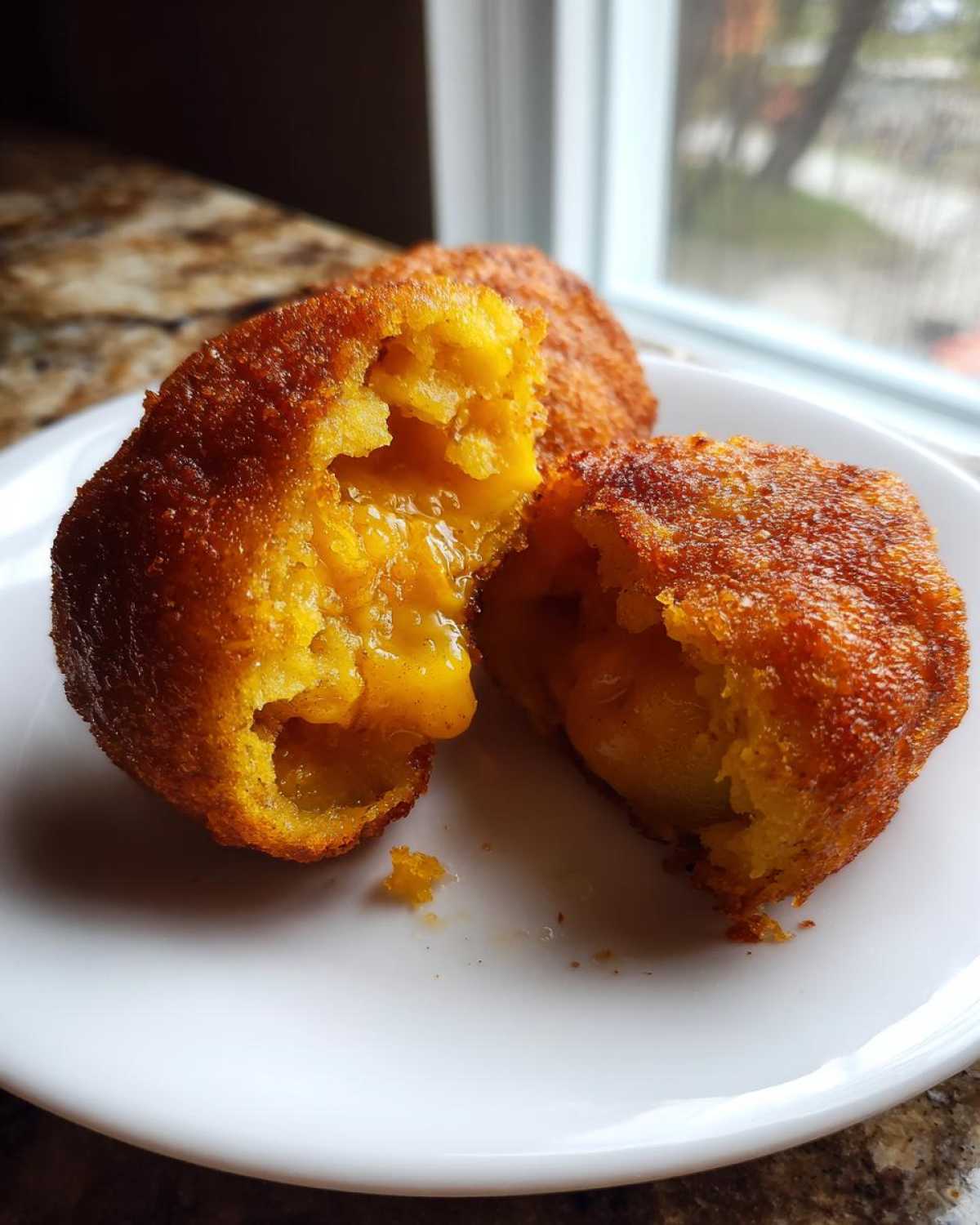 Close-up of fried Chiles Rellenos Stuffed Poblanos cut open showing the cheesy, yellow filling inside.
