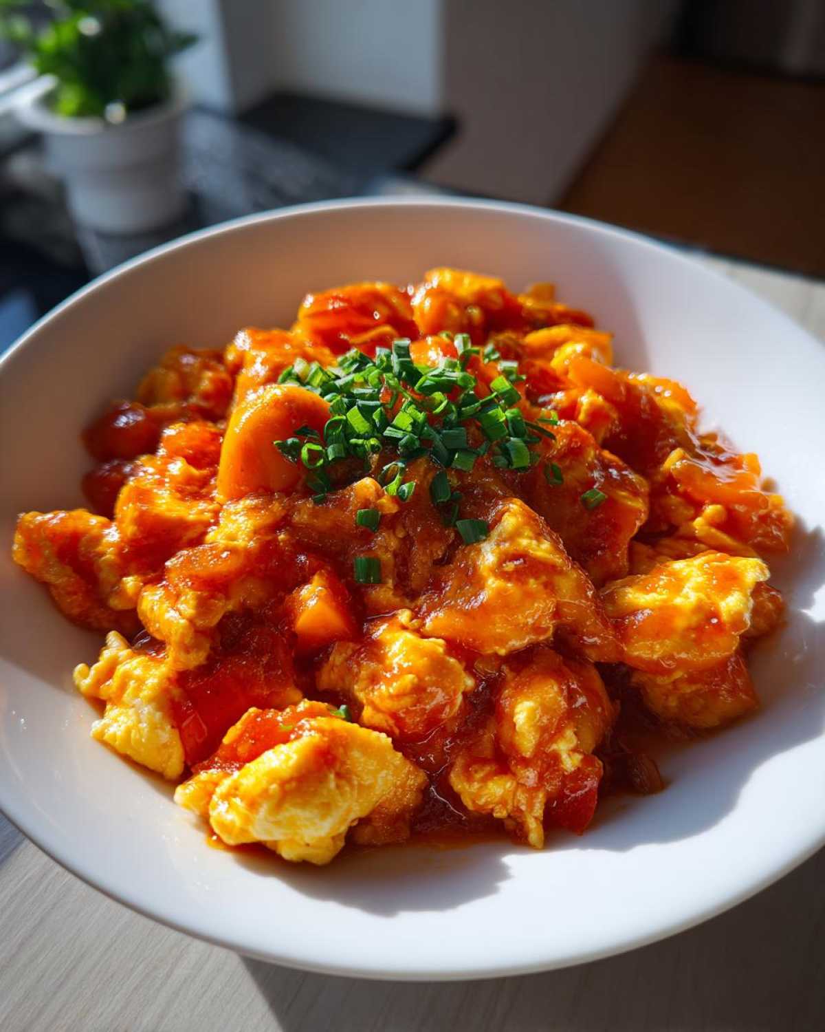 Close-up of vibrant Chinese Tomato Egg Stir-Fry, featuring fluffy eggs in a rich tomato sauce, garnished with green chives.