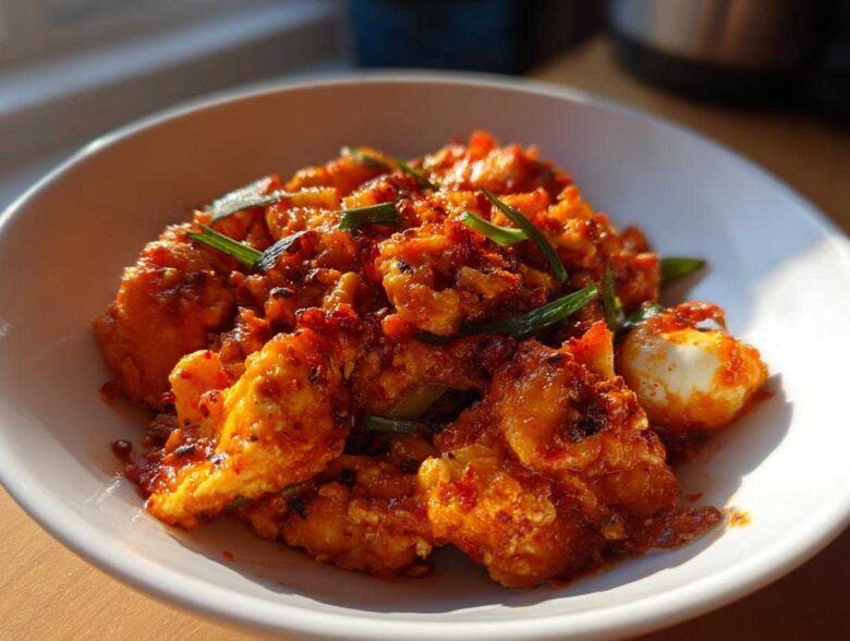 Close-up of vibrant, saucy Chinese Tomato Egg Stir-Fry garnished with green onions in a white bowl.