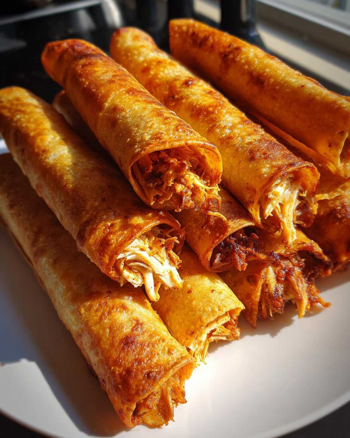 Close-up of golden brown, crispy Chipotle Chicken Taquitos Baked Crisp stacked on a white plate.