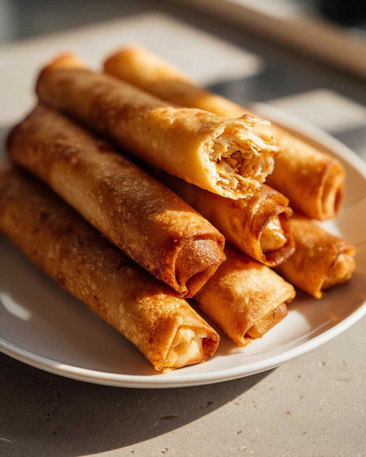 A stack of golden brown, crispy Chipotle Chicken Taquitos Baked Crisp on a white plate, one is broken open showing shredded chicken filling.