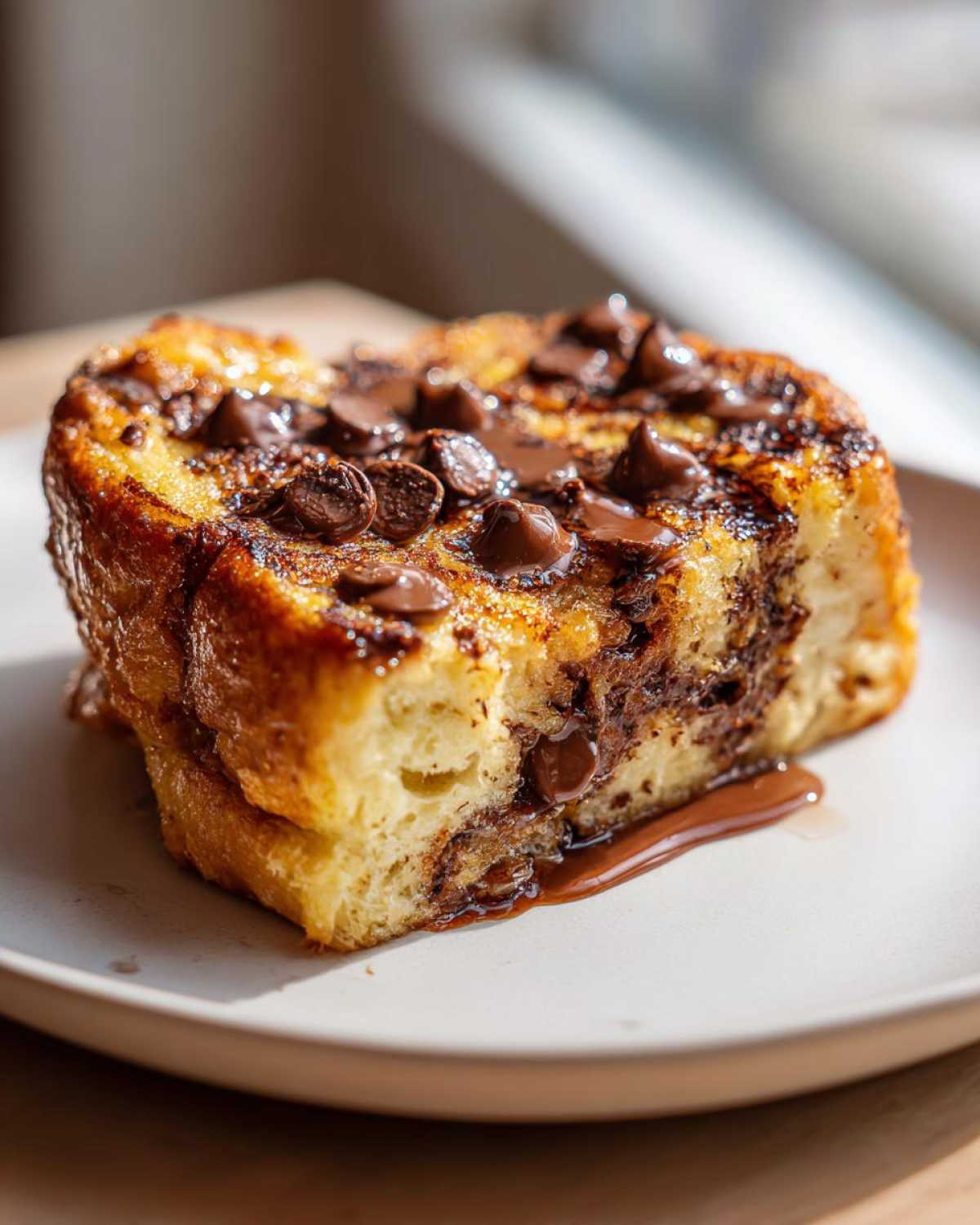 Close-up of a thick slice of Chocolate Chip Brioche Toast, topped with melted chocolate chips and syrup.