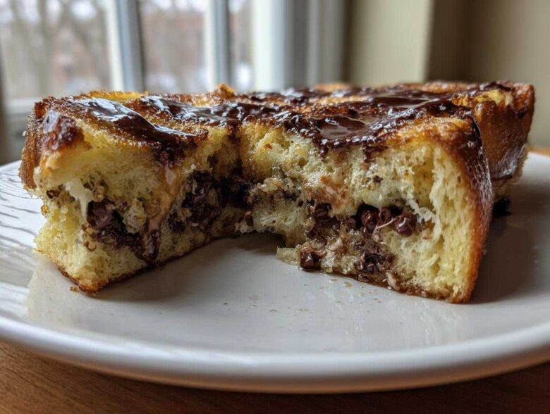 Close-up of Chocolate Chip Brioche Toast cut in half, showing melted chocolate chips inside and chocolate drizzle on top.