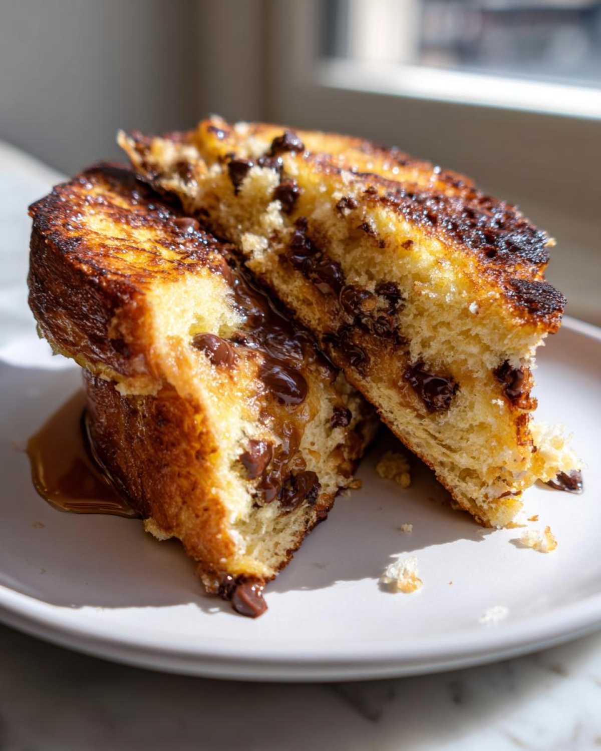 Close-up of Chocolate Chip Brioche Toast, cut in half, showing melted chocolate chips and syrup pooling on a white plate.