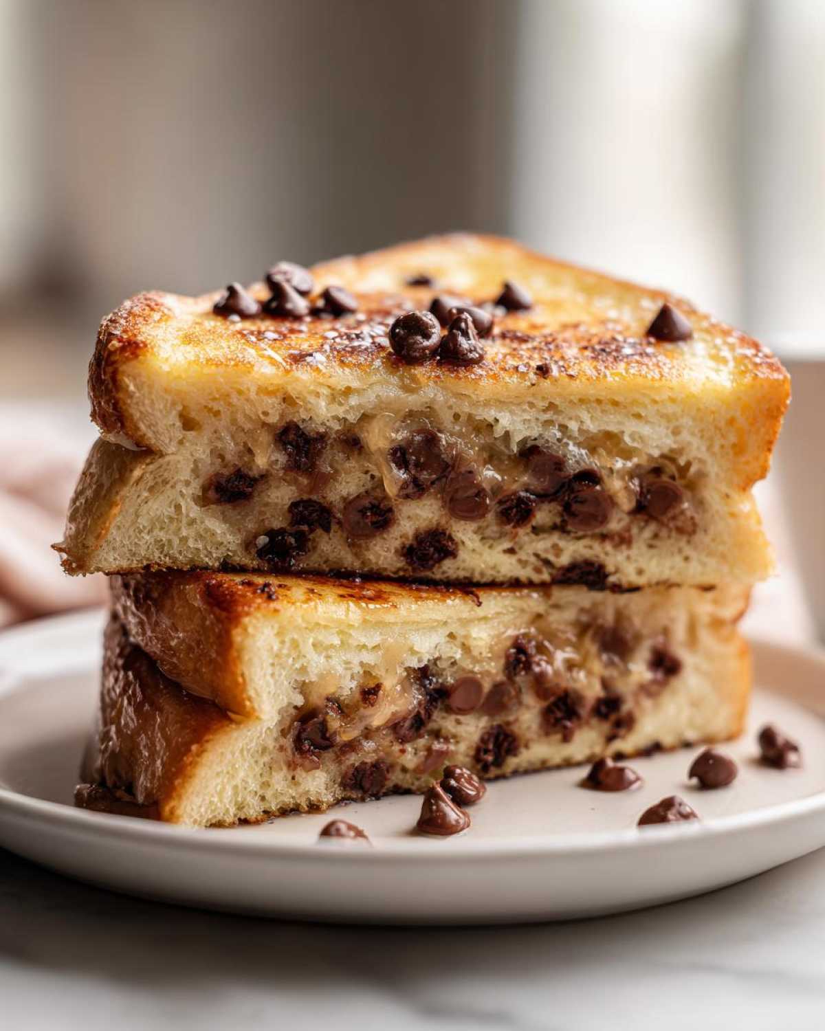 Two halves of Chocolate Chip Brioche Toast stacked, showing melted chocolate chips inside the thick bread.