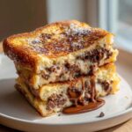 A stack of two halves of Chocolate Chip Brioche Toast, oozing melted chocolate filling and dusted with powdered sugar.