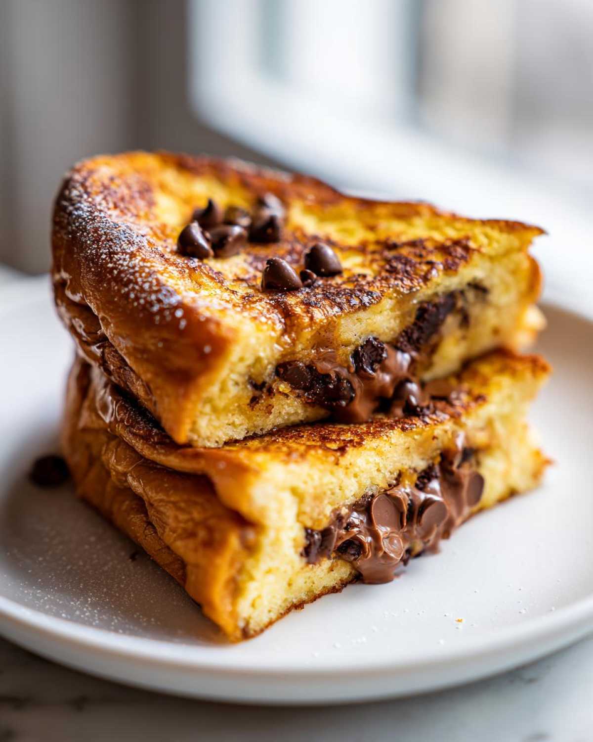 Two halves of Chocolate Chip Brioche Toast stacked, showing melted chocolate filling and chocolate chips on top.