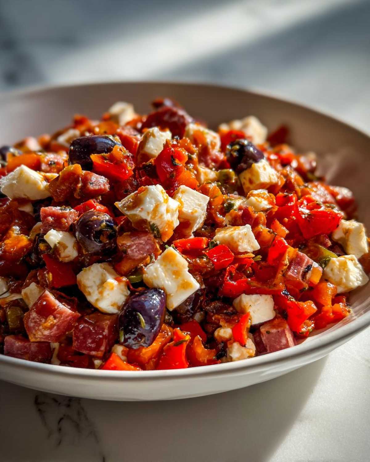 A close-up view of a white bowl filled with vibrant Chopped Italian Antipasto Salad featuring mozzarella, salami, red peppers, and olives.