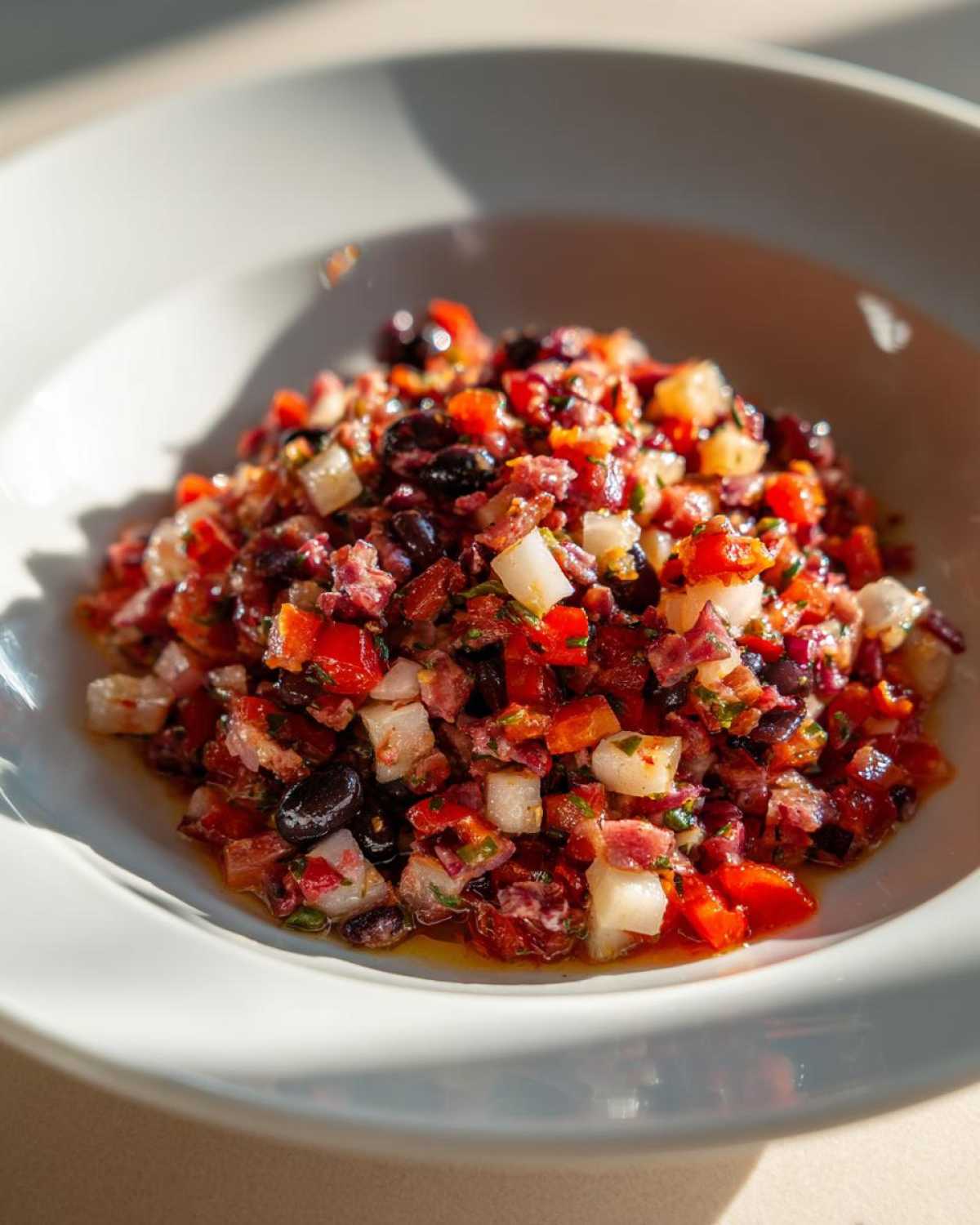 A close-up, brightly lit bowl filled with a finely Chopped Italian Antipasto Salad featuring diced meats, cheese, olives, and peppers.