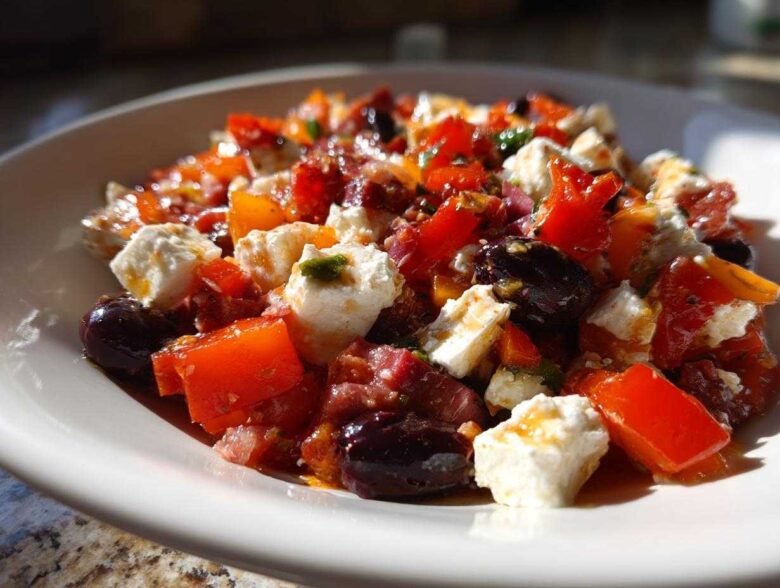 Close-up of a vibrant Chopped Italian Antipasto Salad featuring chunks of mozzarella, red peppers, and black olives.