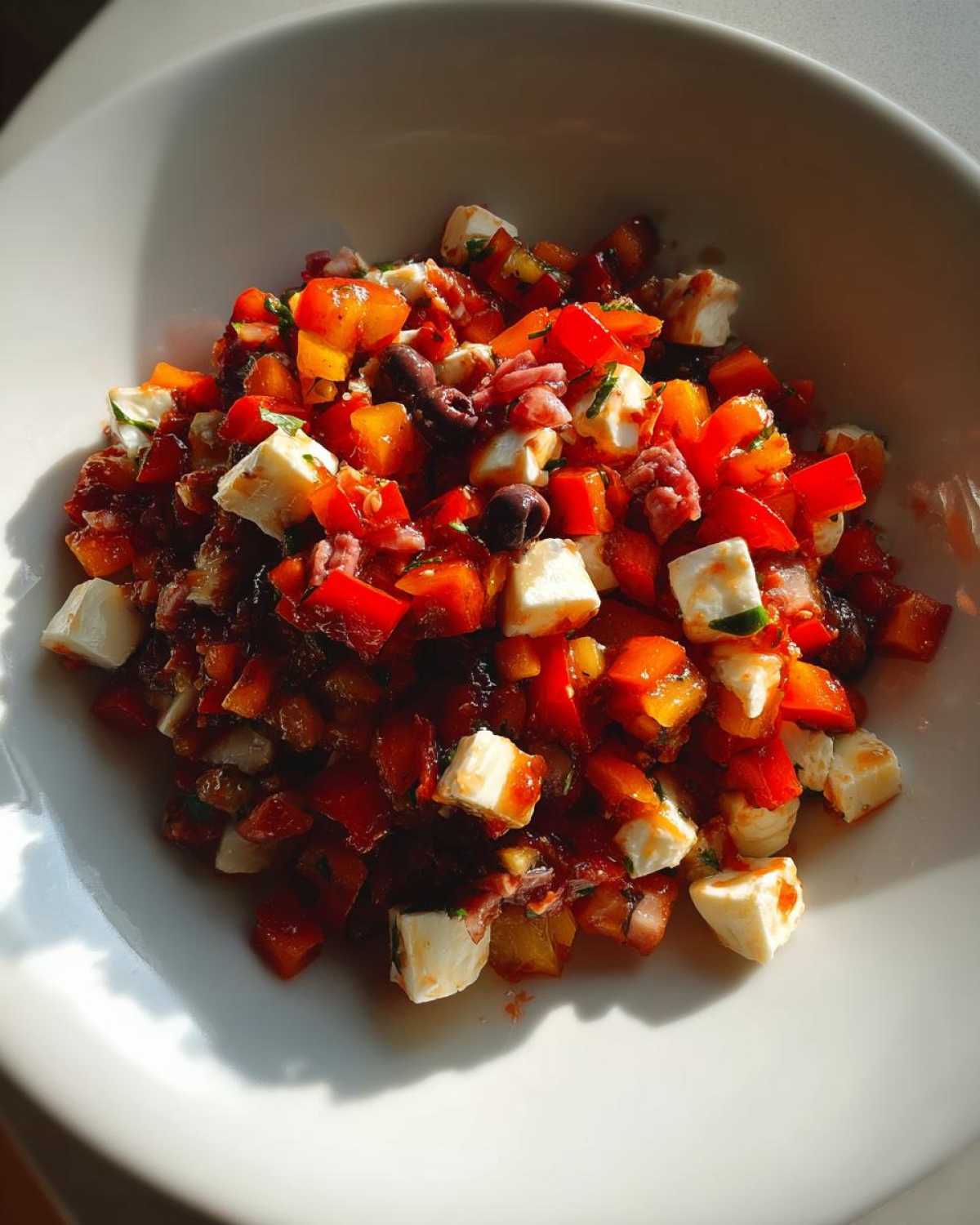 Close-up of a Chopped Italian Antipasto Salad featuring diced red peppers, mozzarella cubes, and olives in a white bowl.
