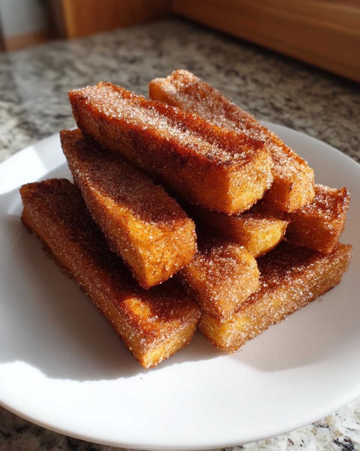 A stack of golden brown Churro French Toast Sticks coated generously in cinnamon sugar, resting on a white plate.