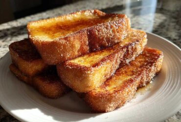 A stack of golden brown Churro French Toast Sticks coated in cinnamon sugar, resting on a white plate.