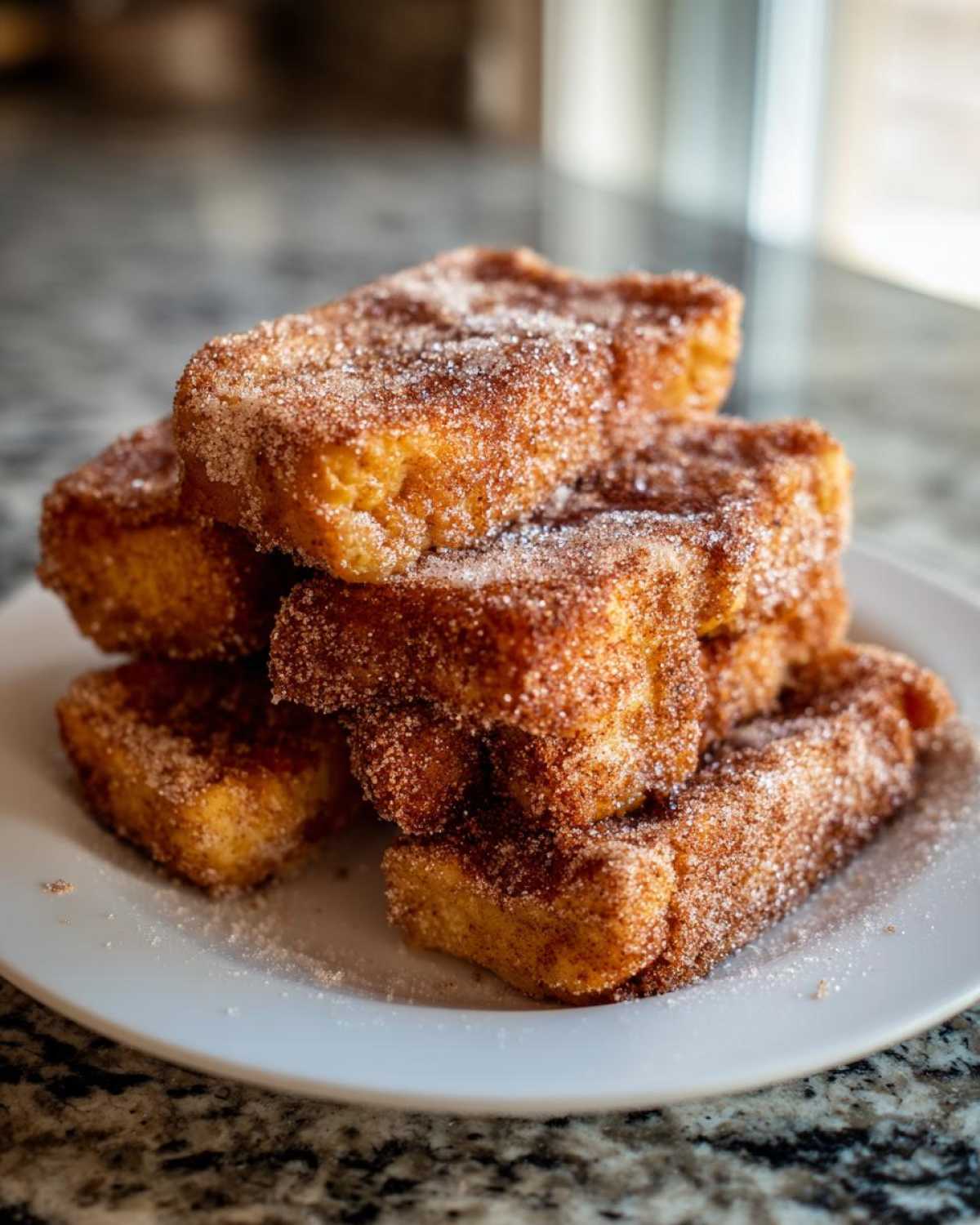 A delicious stack of Churro French Toast Sticks generously coated in cinnamon sugar, served on a white plate.