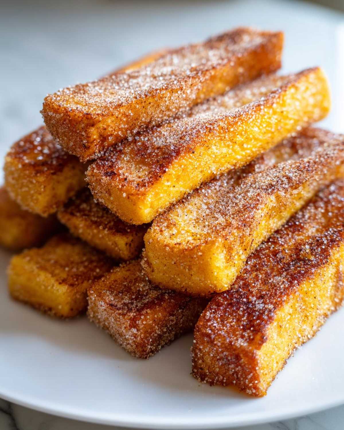 A close-up stack of golden brown Churro French Toast Sticks heavily coated in cinnamon sugar.