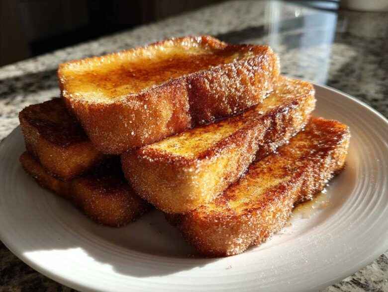 A stack of golden brown Churro French Toast Sticks coated in cinnamon sugar, resting on a white plate.