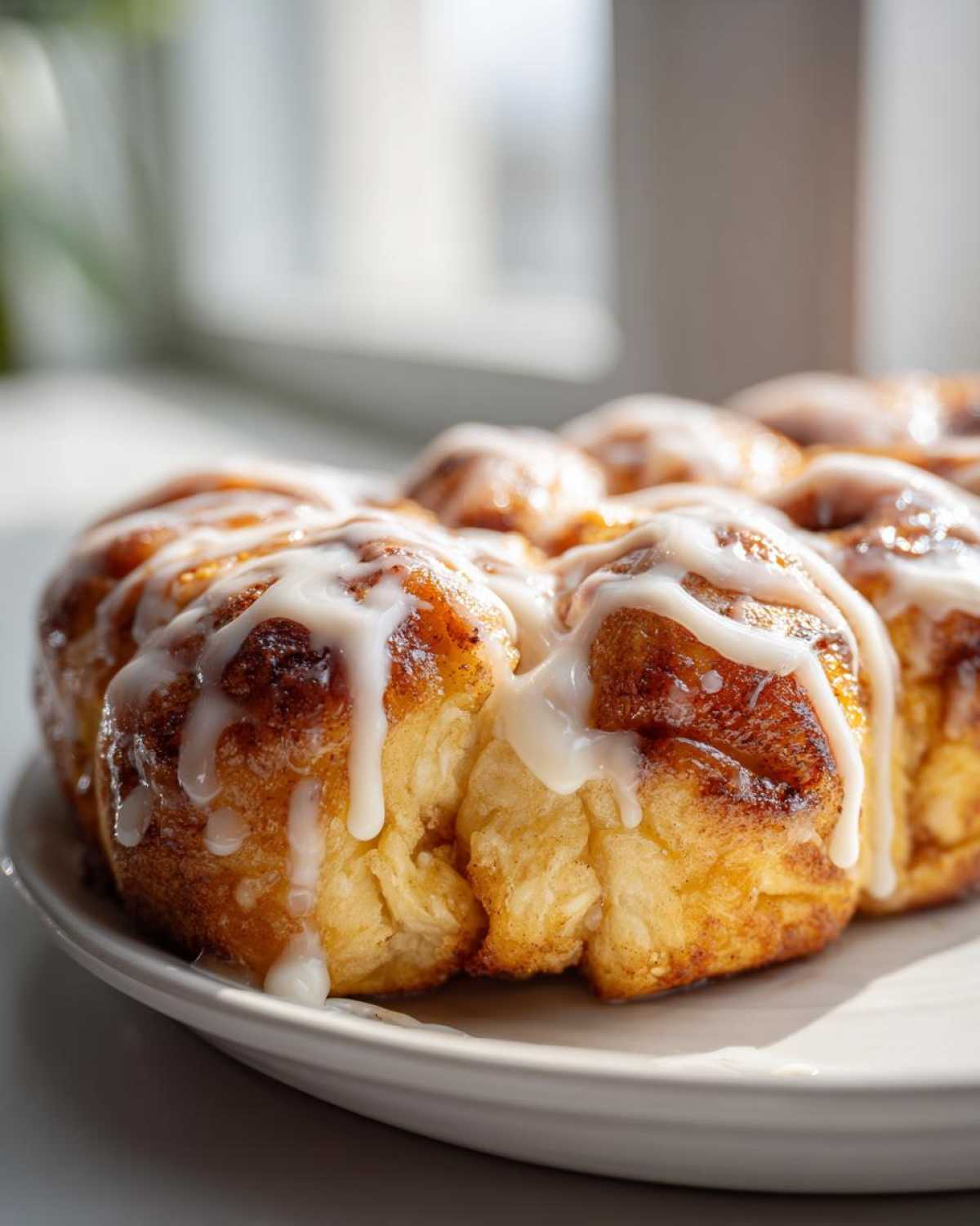 Close-up of warm Cinnamon Roll Pull-Apart Bread drizzled generously with white icing.