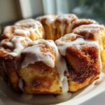 Close-up of a freshly baked Cinnamon Roll Pull-Apart Bread drizzled generously with white icing.