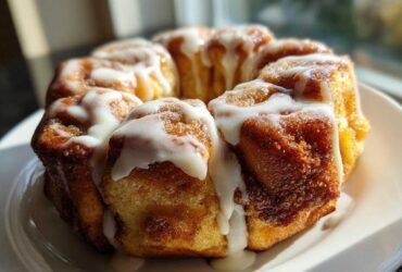Close-up of a freshly baked Cinnamon Roll Pull-Apart Bread drizzled generously with white icing.